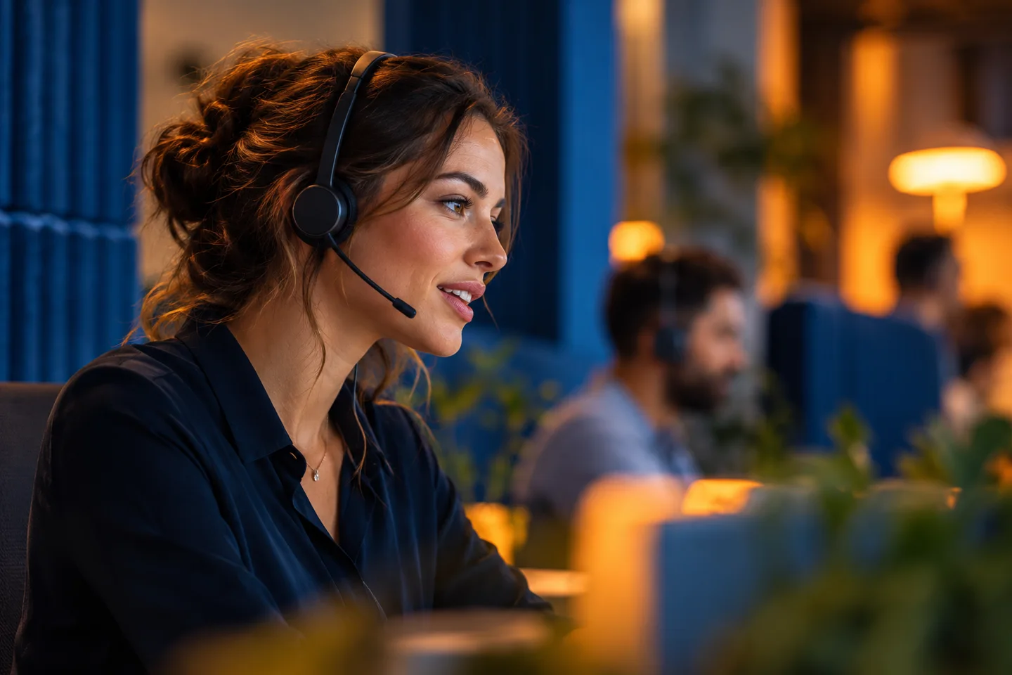 Operatrice di customer care con cuffie durante una conversazione