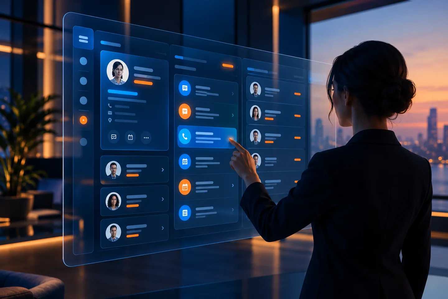Interfaccia illustrativa CRM con schede cliente e attività collegate