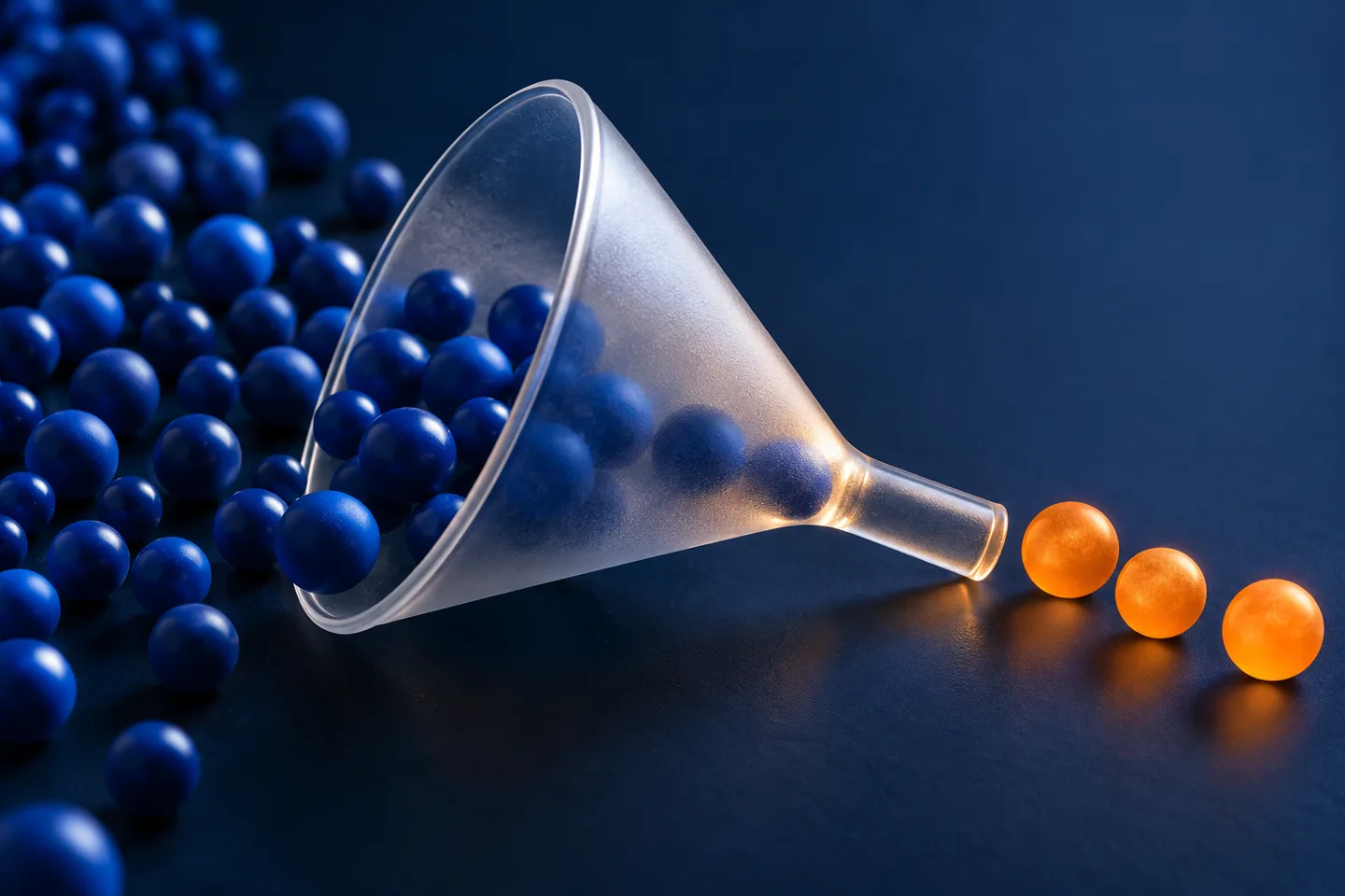 Imbuto in vetro con elementi blu e arancio, metafora della qualificazione dei contatti